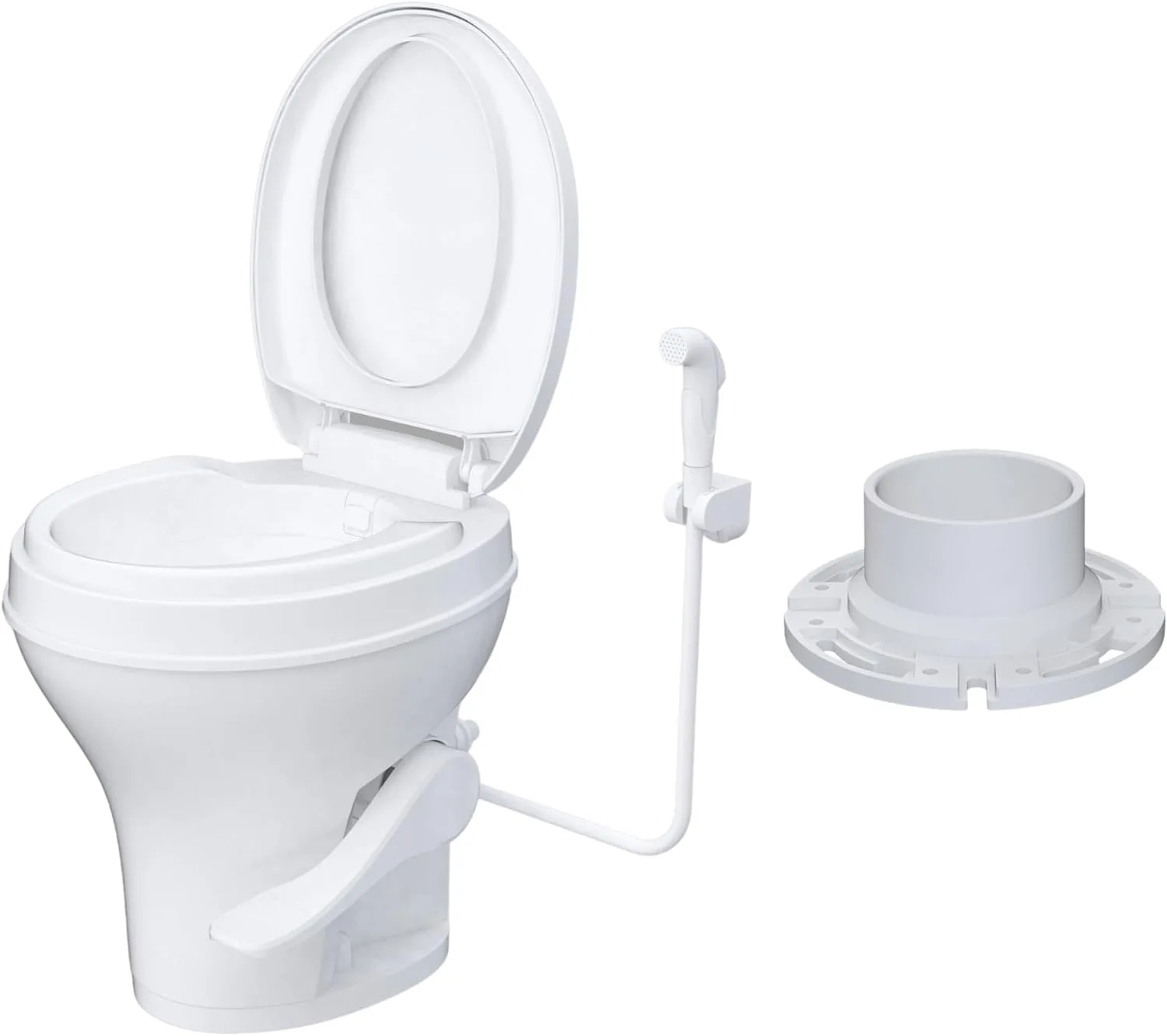 SEAFLO Residential Height Camper/RV Toilet with Sprayer + White Floor Flange Bundle — main view
